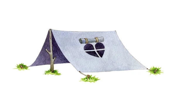 Senderismo o camping carpa azul acuarela imagen. Ilustración de carpa dibujada a mano con ventana en forma de corazón. Amor elemento de senderismo aislado sobre fondo blanco — Foto de Stock