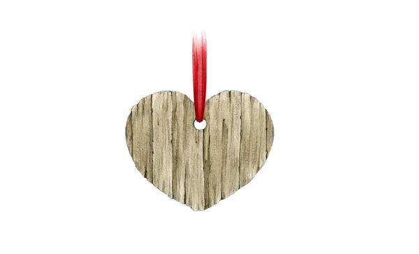 Hart vorm houten tag met een rood lint decoratie aquarel afbeelding. Met de hand getekend enkel hart vorm beeldsymbool van de liefde. Decor element voor Kerstmis, Valentijnsdag. Geïsoleerd op witte achtergrond — Stockfoto