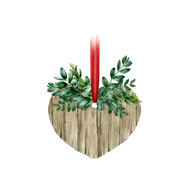 Joulu ja uudenvuoden sisustus akvarelli kuvitus. Käsin piirretty puinen sydän koristelu ikivihreä boxwood lehdet ja punainen nauha. Lomakauden kuva. Eristetty valkoisella pohjalla — kuvapankkivalokuva