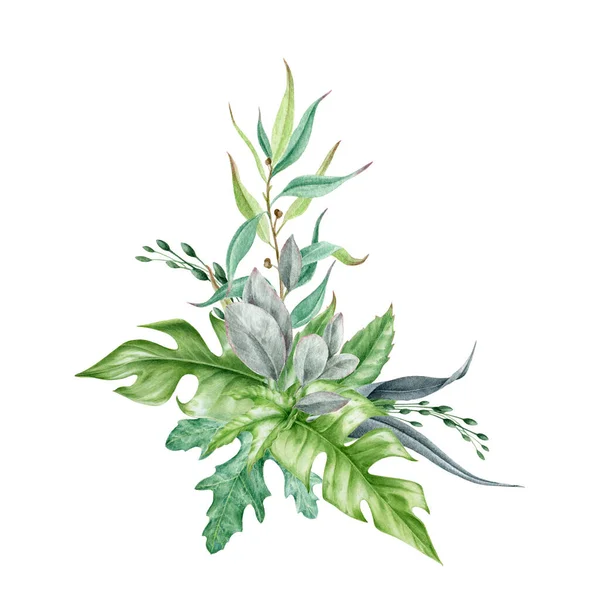 Pengaturan hijau dari gambar cat air daun hijau. Eucalyptus dan monstera daun eksotis dalam buket dekoratif. Lush tropical floral greens decor for wedding. Terisolasi pada latar belakang putih — Stok Foto