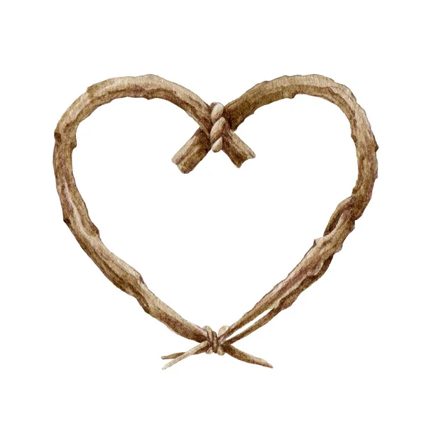 Corona en forma de corazón de la vid ilustración acuarela. Decoración de cuerda romántica natural. Símbolo de amor y pasión para el día de San Valentín. Hermoso marco aislado sobre fondo blanco — Foto de Stock