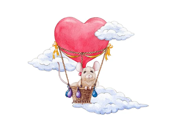 Ratón divertido en forma de corazón rojo globo de aire acuarela ilustración. Lindo animalito viajando en las nubes imagen de dibujos animados. Feliz ratón romántico, perfecto para impresiones del día de San Valentín — Foto de Stock