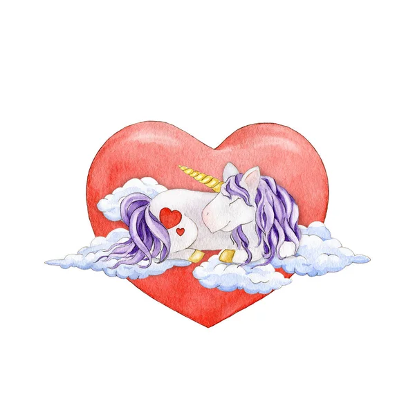 Cute unicorn sleeping in the clouds with a big red heart watercolor illustration. Hand drawn fairy tale character with two red hearts on the back. Cute fantasy magic animal with lilac hair