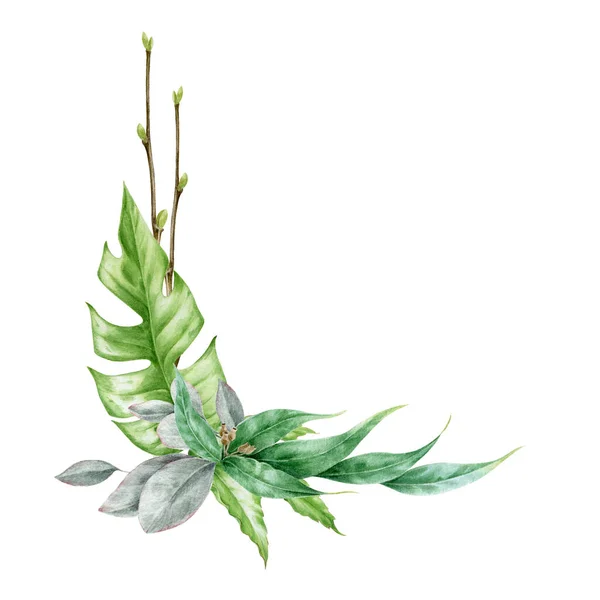 緑の熱帯の葉の花束の水彩手のイラストを描いた。ユーカリやモンスターのエキゾチックな葉の装飾的な配置で。白い背景に結婚式のカードのための緑豊かなジャングルの花の緑の装飾 — ストック写真