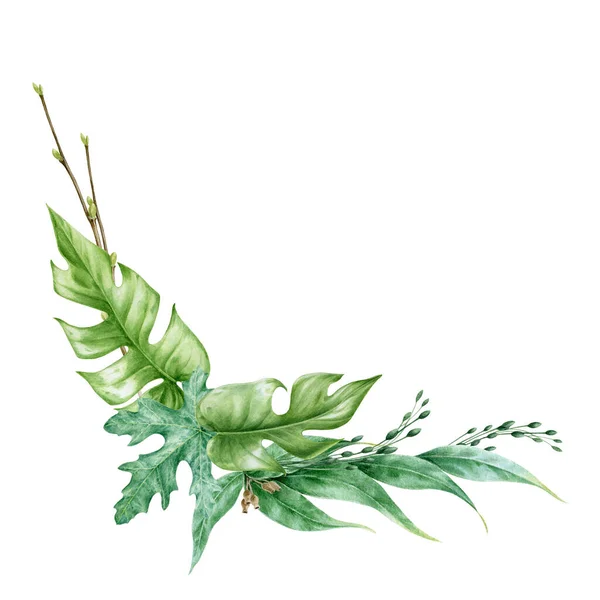 Grüner Blatt Strauß Aquarell handgezeichnete Illustration. Eukalyptus und Monstera exotische Blätter in dekorativer Anordnung. Saftiges tropisches florales Dekor für Hochzeitskarte auf weißem Hintergrund — Stockfoto