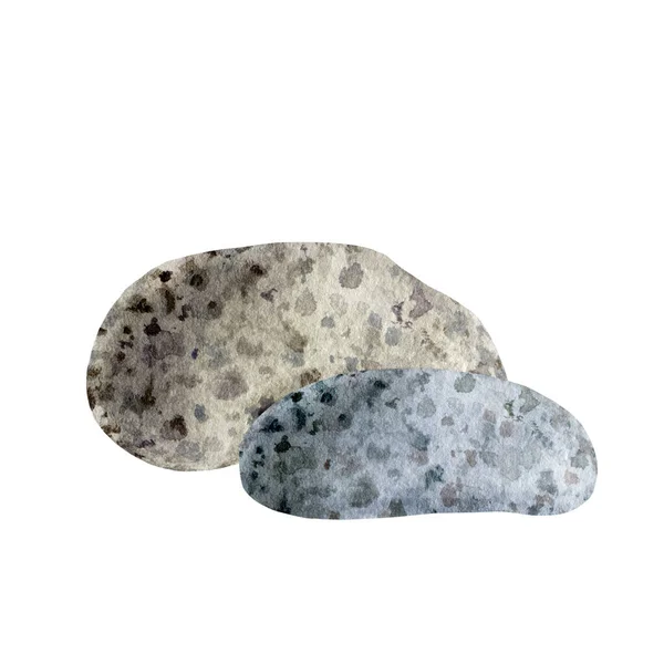 Dva přírodní kámen akvarel ilustrace. Pár texturovaných oblázků. Ručně kreslená skupina šedých kamenů. Pevné oblázky izolované na bílém pozadí — Stock fotografie