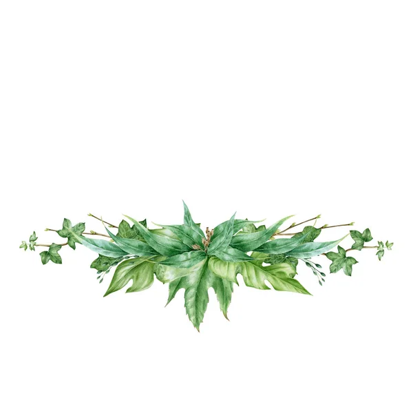 Disposizione foglia verde acquerello illustrazione. Eucalipto, edera e monstera foglie esotiche in bouquet decorativo. Arredamento floreale tropicale lussureggiante dei verdi per nozze. Isolato su sfondo bianco — Foto Stock