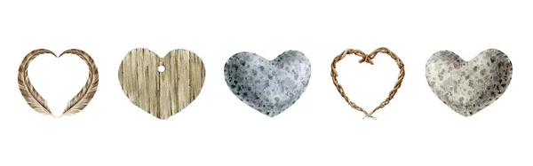Hart vorm en vormen natuurlijke materialen aquarel illustratie set. Veer, hout, steen, wijnstok hart decoratieve natuur vormen. Single Valentijnsdag elementen geïsoleerd op witte achtergrond — Stockfoto