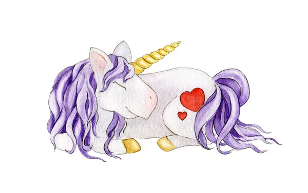 Sweet dreaming unicorn watercolor illustration. Hand drawn fairy tale sleeping cartoon unicorn character with two red hearts on the back. Cute fantasy magic animal with lilac hair