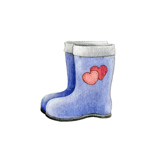 Blue rubber boots with hearts watercolor illustration. A couple of shoes for a rainy day or hiking hand drawn image. Colorful outdoor boots isolated on white background — Stock Photo, Image