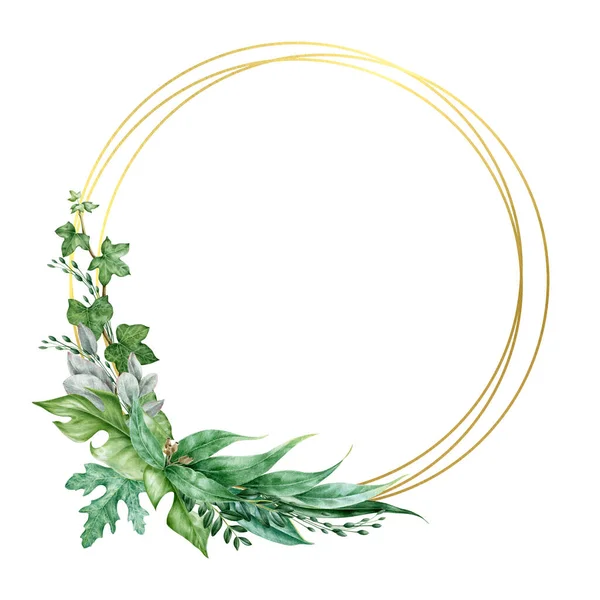 Ivy e eucalipto elegante coroa de flores ilustração aquarela. Grinalda decorativa delicada desenhada à mão com círculos dourados. Evergreen jardim planta ornamento botânico. Arranjo exuberante no fundo branco — Fotografia de Stock