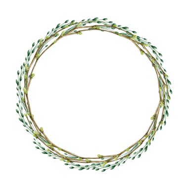 Narin çiçekli, suluboya resimli basit ıhlamur dalı çelengi. İlkbahar doğal kır dekoru. Zarif el çizimi çerçeve. Beyaz arkaplanda ıhlamur ağacından yapılmış romantik basit bir çelenk