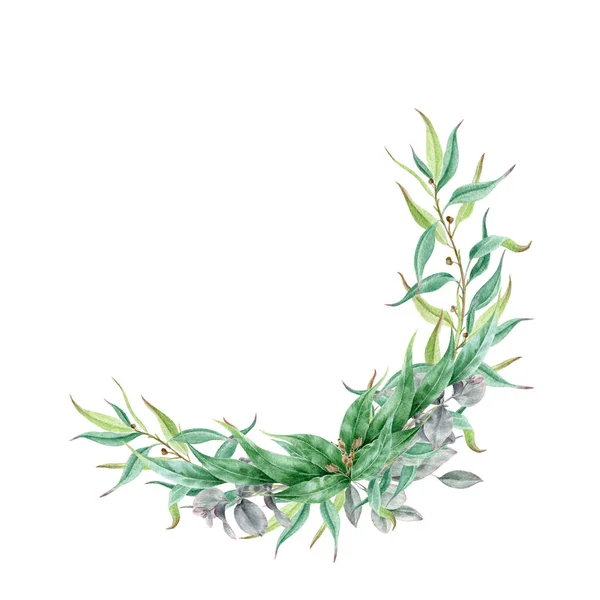 Eucalyptus blad och grenar elegant blomsterarrangemang illustration. handritad akvarell delikat frodig grön bukett. Vacker dekoration för bröllop eller inbjudningskort på vit bakgrund — Stockfoto