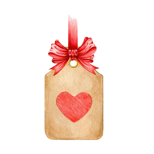 Etiqueta de papel vintage con un corazón rojo. Etiqueta o banner retro dibujado a mano con cinta roja y lazo. Aislado sobre fondo blanco. Decoración romántica perfecta para cumpleaños, Navidad o San Valentín . — Foto de Stock