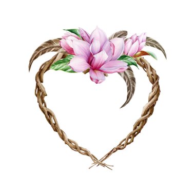 Yaprak ve tüy suluboya resimli manolya çiçeği kalp düzenlemesi. Yumuşak bahar gerçekçi çiçek açan düğün davetiyesi. Beyaz arkaplanda elle çizilmiş manolya çiçeği buketi.