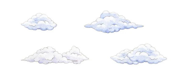Cartoon mraky akvarel ilustrační sada. Ručně kreslená nadýchaná sbírka obrázků. Čtyři tvary mraků izolované na bílém pozadí. — Stock fotografie