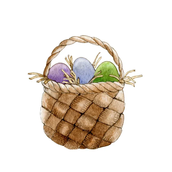 Panier de Pâques avec oeufs aquarelle illustration. Symbole de Pâques traditionnel dessiné à la main avec image d'oeufs peints en couleur. Isolé sur fond blanc. — Photo
