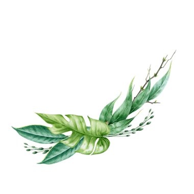 Yeşil yapraklı suluboya el zarif bir düzenleme çizmiş. Okaliptüs ve egzotik egzotik yapraklar dekoratif buketlerde. Beyaz arka planda düğün kartı için yemyeşil çiçek dekoru