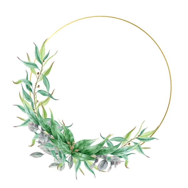 Listy eukalyptu a větve elegantní květinový věnec ilustrace. Ručně kreslený akvarel jemná svěží zelená kytice se zlatým kruhem. Krásná dekorace pro svatební nebo pozvánku — Stock fotografie
