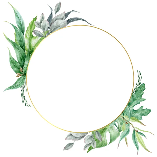 Grönt lövarrangemang med gyllene rund ram illustration. Handritad eukalyptus, monstera blad i elegant inredning ram. frodiga tropiska blommor grönt inredning för bröllop isolerad på vit bakgrund — Stockfoto