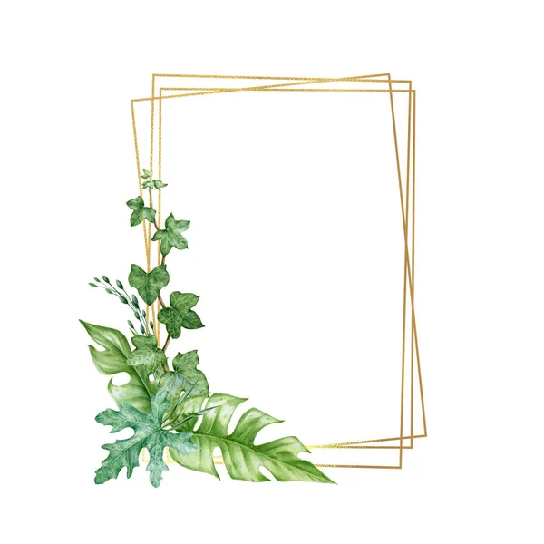 Grönt lövarrangemang med gyllene ram akvarell illustration. Eucalyptus, murgröna, monstera blad i elegant inredning ram. frodiga tropiska blommor grönt inredning för bröllop isolerad på vit bakgrund — Stockfoto