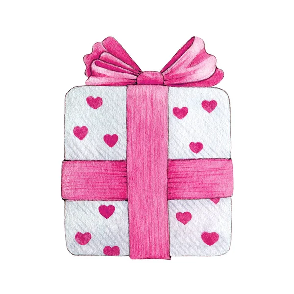 Cadeau verrassingsdoos met roze lint en strik aquarel illustratie set. Met de hand getekende geschenkdozen met helder hart decor. Vakantie verpakking geïsoleerd op witte achtergrond. — Stockfoto