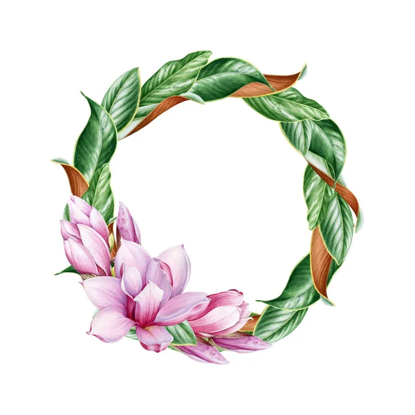 Magnolia rózsaszín virág koszorú tollakkal és levelek akvarell illusztráció. Gyengéd tavaszi virágzás rügyekkel és zöld levelekkel. Kézzel húzott meghívókártya elem teljes virágú magnólia virág — Stock Fotó