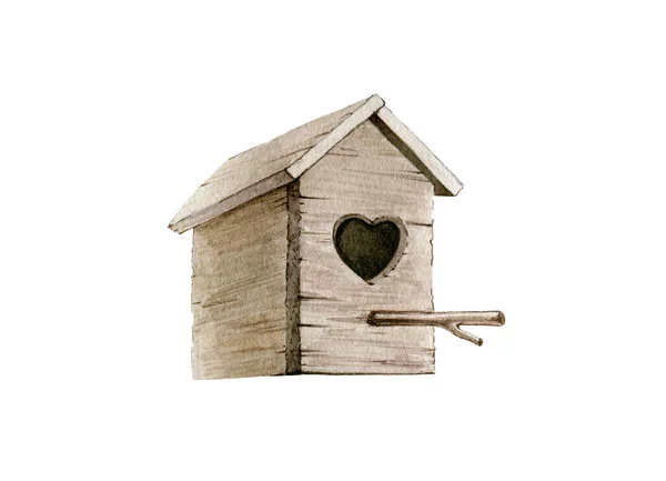 Hout vogelhuis aquarel illustratie. Met de hand geschilderd beeld vogelhuis met hart vorm ingang. Houten huis handgemaakt vol liefde. Geïsoleerd op witte achtergrond — Stockfoto