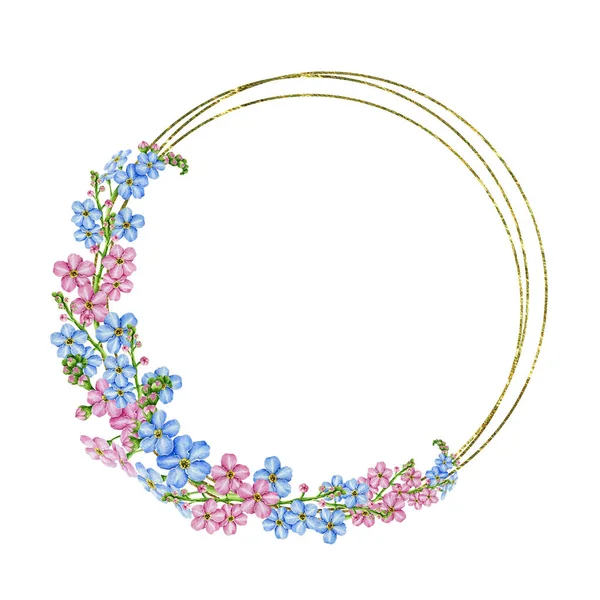 忘了蓝色和粉色花水彩画中的花环吧。手工绘制的菊花草本植物花环。柔和的春天，浪漫的花朵绽放，花蕾在白色的背景上 — 图库照片
