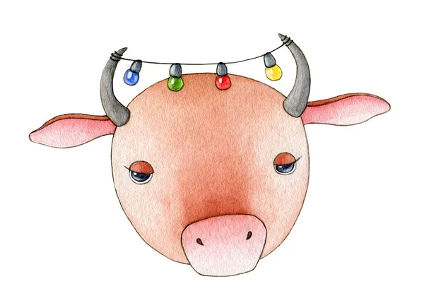 Bonito toro de dibujos animados o vaca con luces de vacaciones ilustración acuarela. Dibujado a mano divertido símbolo del zodíaco de 2021nuevo año. Elemento retrato de buey de dibujos animados. Felices animales de granja aislados sobre fondo blanco — Foto de Stock