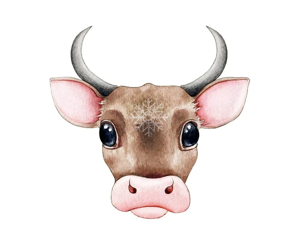 Cute cartoon bull (cow) watercolor illustration. Hand drawn zodiac symbol of 2021new year. Cartoon ox or bull with snowflake on the forehead. Funny new year mascot isolated on white background — Stock Photo, Image