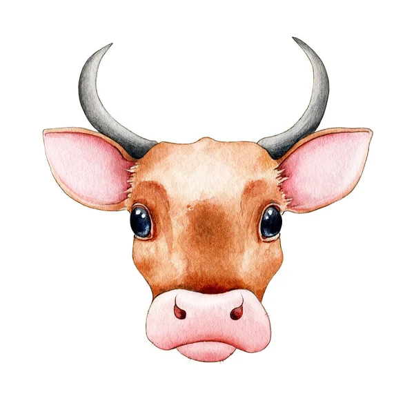 Cute cartoon bull (cow) watercolor illustration. Hand drawn funny zodiac symbol of 2021new year. Cartoon bull or ox portrait element. Happy farm animal new year mascot isolated on white background — Stock Photo, Image