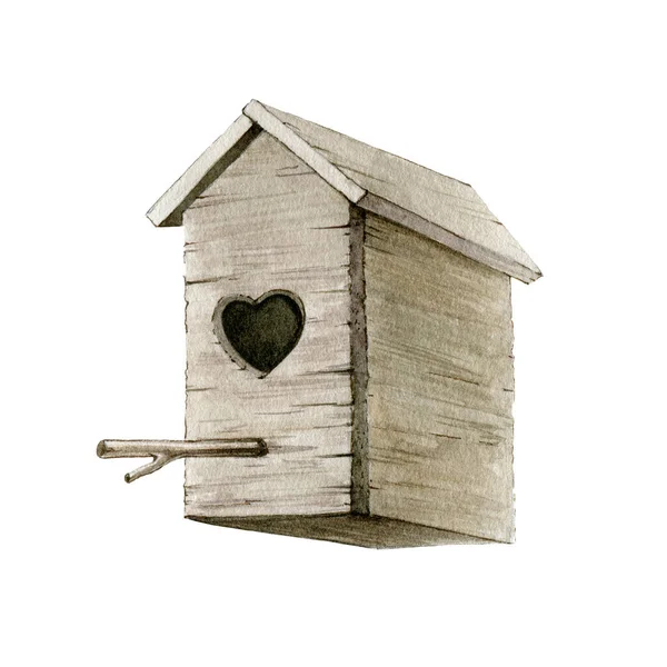 Drewniany birdhouse akwarela ilustracja. Ręcznie malowany ptasi dom z wejściem w kształcie serca. Drewniany domowy symbol miłości i rodziny. Izolacja na białym tle — Zdjęcie stockowe