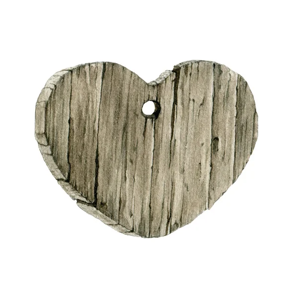 Wooden heart shape decor watercolor image. Hand drawn single wood rustic heart form image symbol of love. Decor element and Valentine day gift isolated on white background — Stock Photo, Image