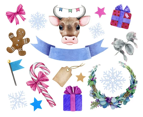 Χειμερινή ακουαρέλα εικονογράφηση σύνολο πορτρέτο ταύρο, στεφάνι, χόρτα, δώρα. Χειροποίητο ζωδιακό σύμβολο του νέου έτους 2021. Βόδι καρτούν στο χριστουγεννιάτικο σετ. Νέα έτος μασκότ με διακόσμηση σε λευκό φόντο. — Φωτογραφία Αρχείου