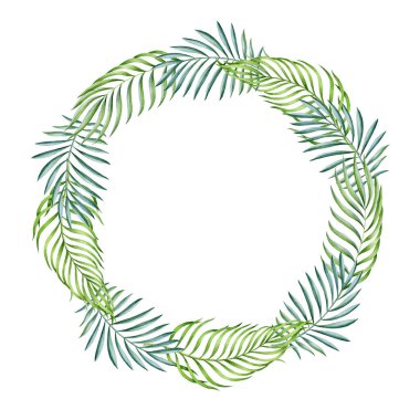 Yeşil palmiye yapraklı çelenk suluboya çizimi. Yeşillik doğal tropikal dekorasyon. Egzotik palmiye yaprağı çerçevesi. El çizimi orman yeşilliği yuvarlak düzenleme beyaz arka planda izole