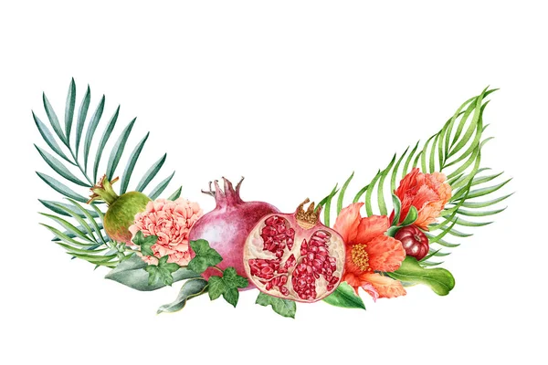 Pomegranate fruit and flower watercolor illustration. Hand drawn fresh garnet, organic fruit with blossoms and tropical palm leaves. Exotic floral arrangement isolated on white background — Stock Photo, Image