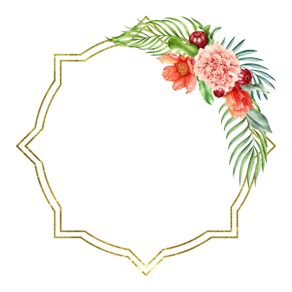 Pomegranate and peony flower golden frame watercolor illustration. Hand drawn fresh beautiful blossoms and palm leaves elegant golden frame. Exotic floral arrangement isolated on white background