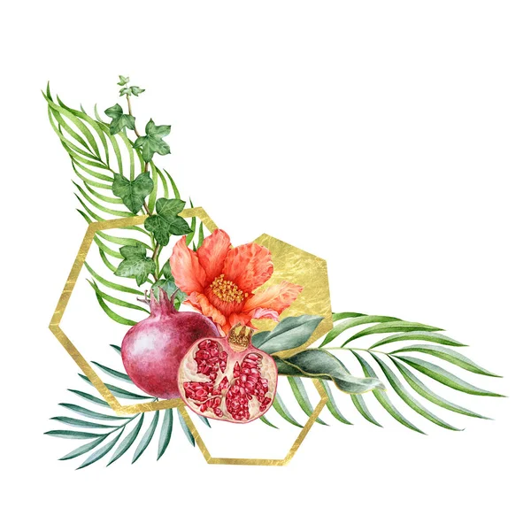 Granátové jablko a květinové aranžmá se zlatým geometrickým dekorem. Ručně kreslené květinové akvarelové ilustrace s květy a palmovými listy. Exotické svěží uspořádání izolované na bílém pozadí — Stock fotografie