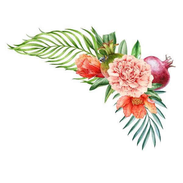 Peony with pomegranate flower and fruit hand drawn watercolor arrangement. Close up high quality illustration of exotic floral bouquet with palm leaves. Elegant decoration on white background — Stock Photo, Image