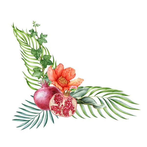 Granátové jablko s květinovým aranžmá akvarel ilustrace. Ručně kreslený čerstvý granát, organické ovoce s květy a palmovými listy. Exotické květinové aranžmá izolované na bílém pozadí — Stock fotografie