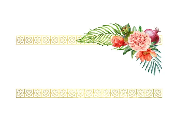 Peony and pomegranate flower with fruit hand drawn watercolor border. Close up high quality illustration of eastern exotic golden ornament and palm leaves. Elegant decoration on white background — Stock Photo, Image