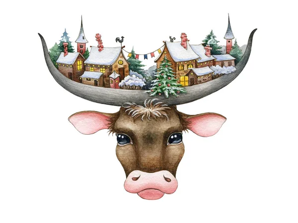 Funny bull (cow) with christmas village on big horns watercolor illustration. Hand drawn zodiac symbol of 2021 year with trees and houses. New year mascot with winter festive town on white background