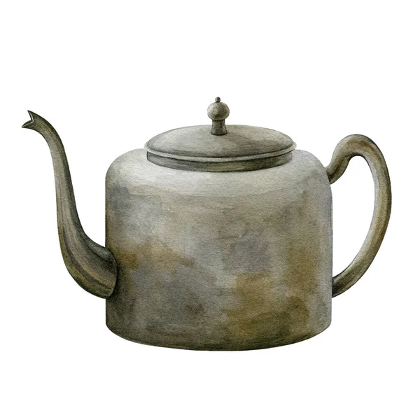 Old metal kettle watercolor illustration. Hand drawn vintage metallic pot. Traditional aged copper house kettle element. Rustic bronze teapot isolated on white background — Stock Photo, Image