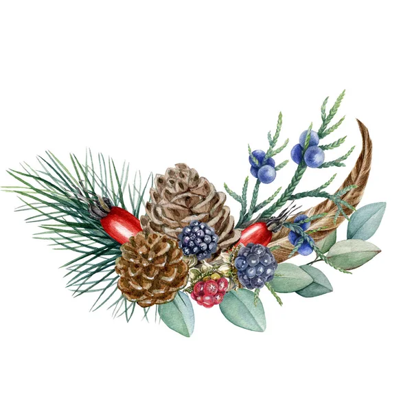 Χειμώνας floral διάταξη ακουαρέλα απεικόνιση. Χειροποίητη ρουστίκ διακόσμηση με πεύκα, φύλλα ευκαλύπτου, άρκευθο, βατόμουρο και αγριοτριανταφυλλιές. Εποχή φυσική διακόσμηση απομονωμένη σε λευκό φόντο — Φωτογραφία Αρχείου
