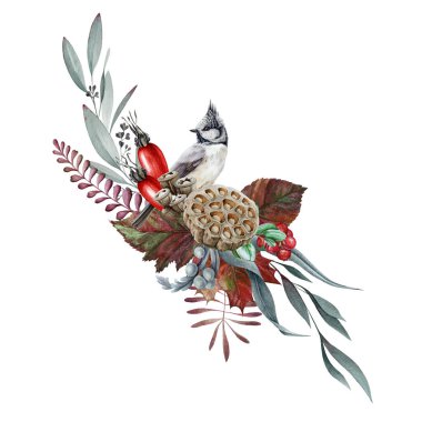 Floral seasonal winter arrangement watercolor illustration. Hand drawn rustic forest decor with eucalyptus, cone, tit bird, dry lotus and rosehip. Winter festive elegant decoration on white background