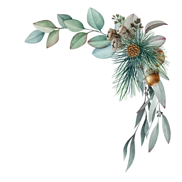 Květinová zima přírodní uspořádání akvarel ilustrace. Ručně kreslený rustikální lesní dekor s borovicemi, listy eukalyptu a kuželem. Zimní sezónní dekorace izolované na bílém pozadí — Stock fotografie