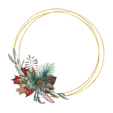 Çiçekli kış, altın çerçeveli suluboya çizimi. Çam, lavanta, okaliptüs yaprakları, inek üzümü ve koni ile el yapımı rustik dekor. Kış mevsimsel dekorasyonu beyaz arkaplanda izole