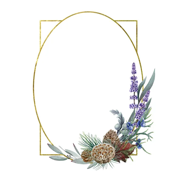 Floral estacional invierno marco acuarela ilustración. Decoración de bosque rústico dibujado a mano con pino, lavanda, hojas de eucalipto, cono y loto seco. Decoración festiva con oro sobre fondo blanco — Foto de Stock