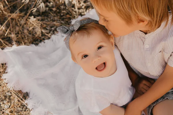 Doğada oynayan güzel çocuklar. Yazın gün batımında erkek ve kız kardeş. Küçük kız ve çocuk birbirlerini seviyorlar. Aile değerlerinin fotoğrafı, mutlu bir çocukluk.